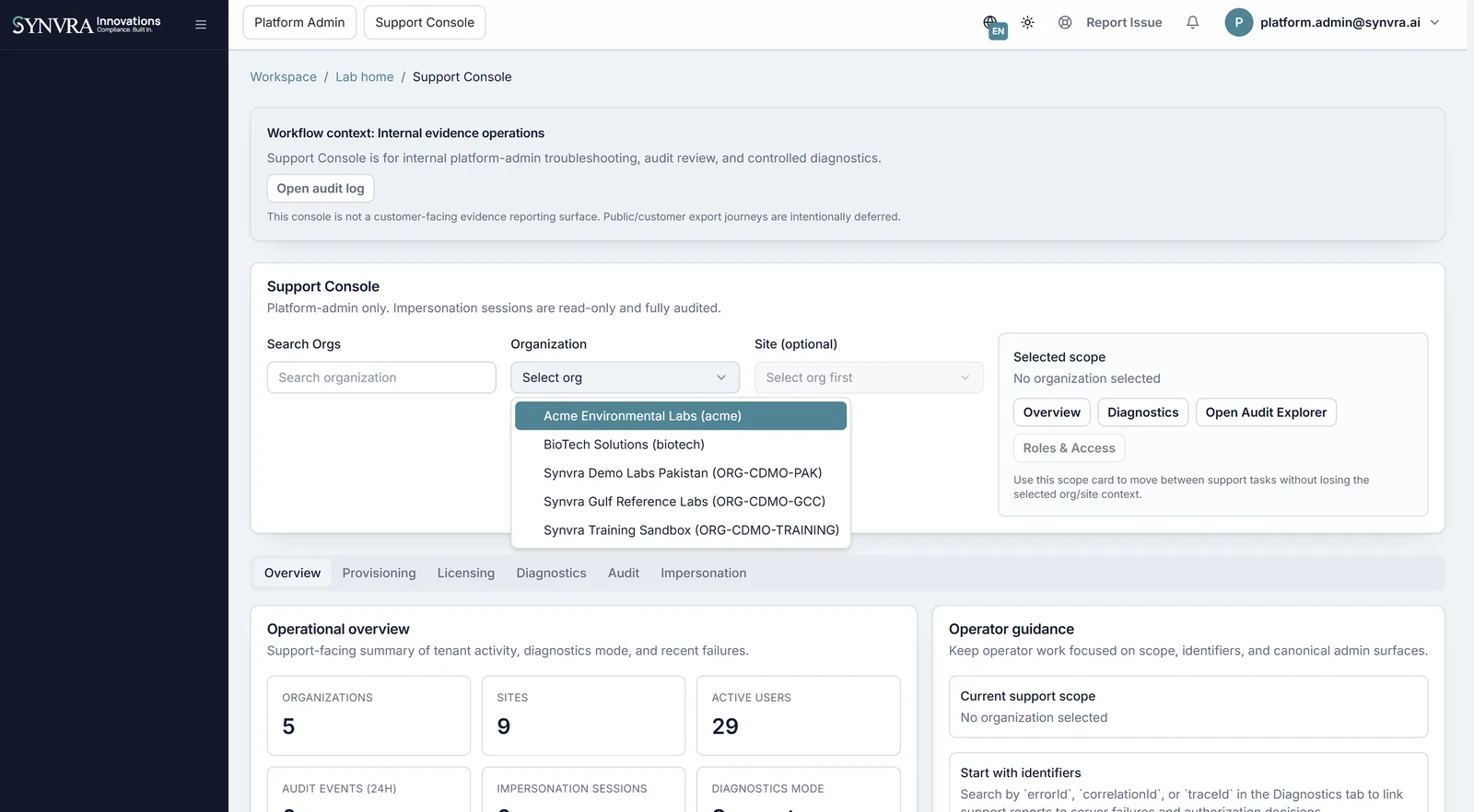 Synvra platform administration support console for tenant operations