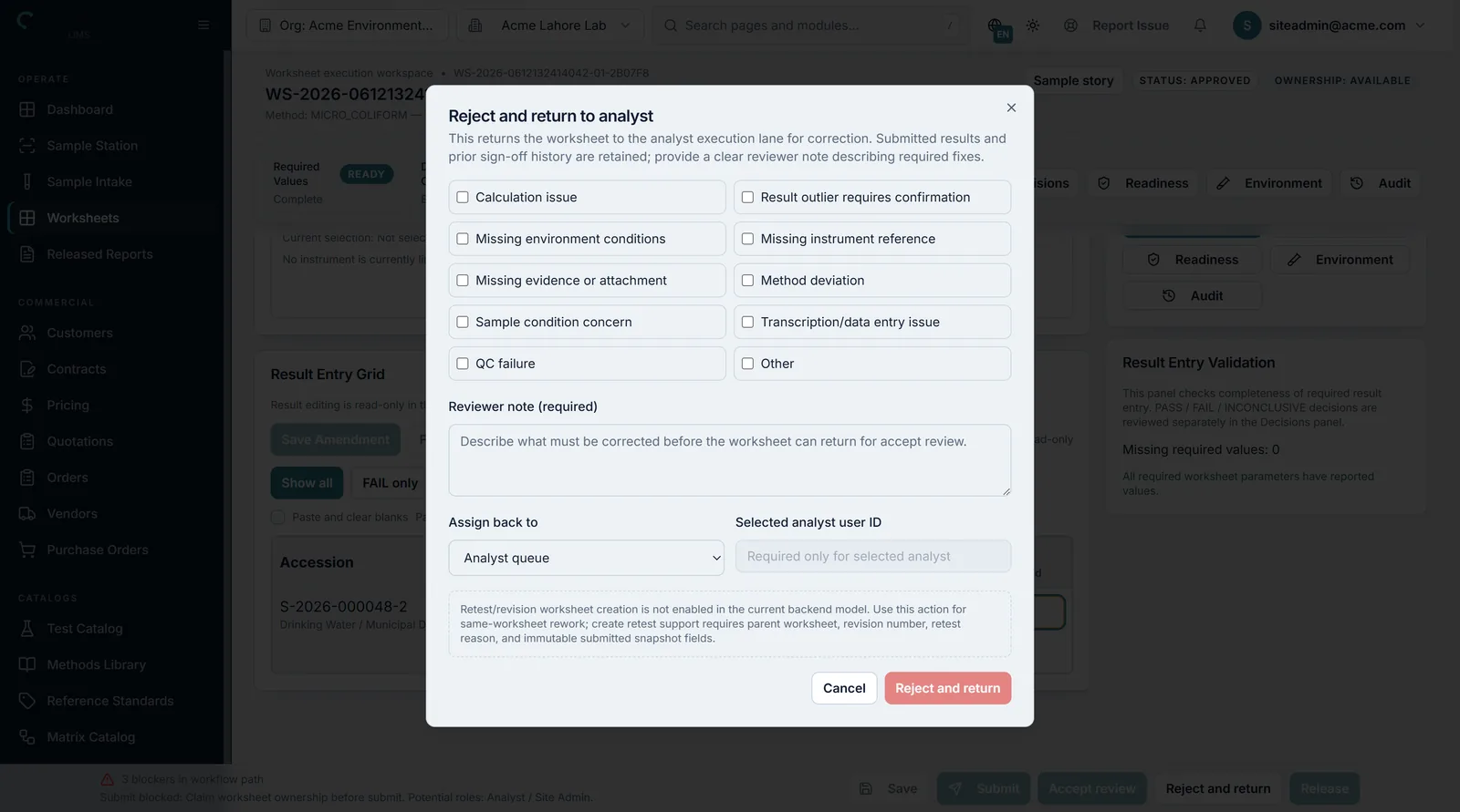 Synvra review dialog returning a worksheet to the analyst with recorded reasons