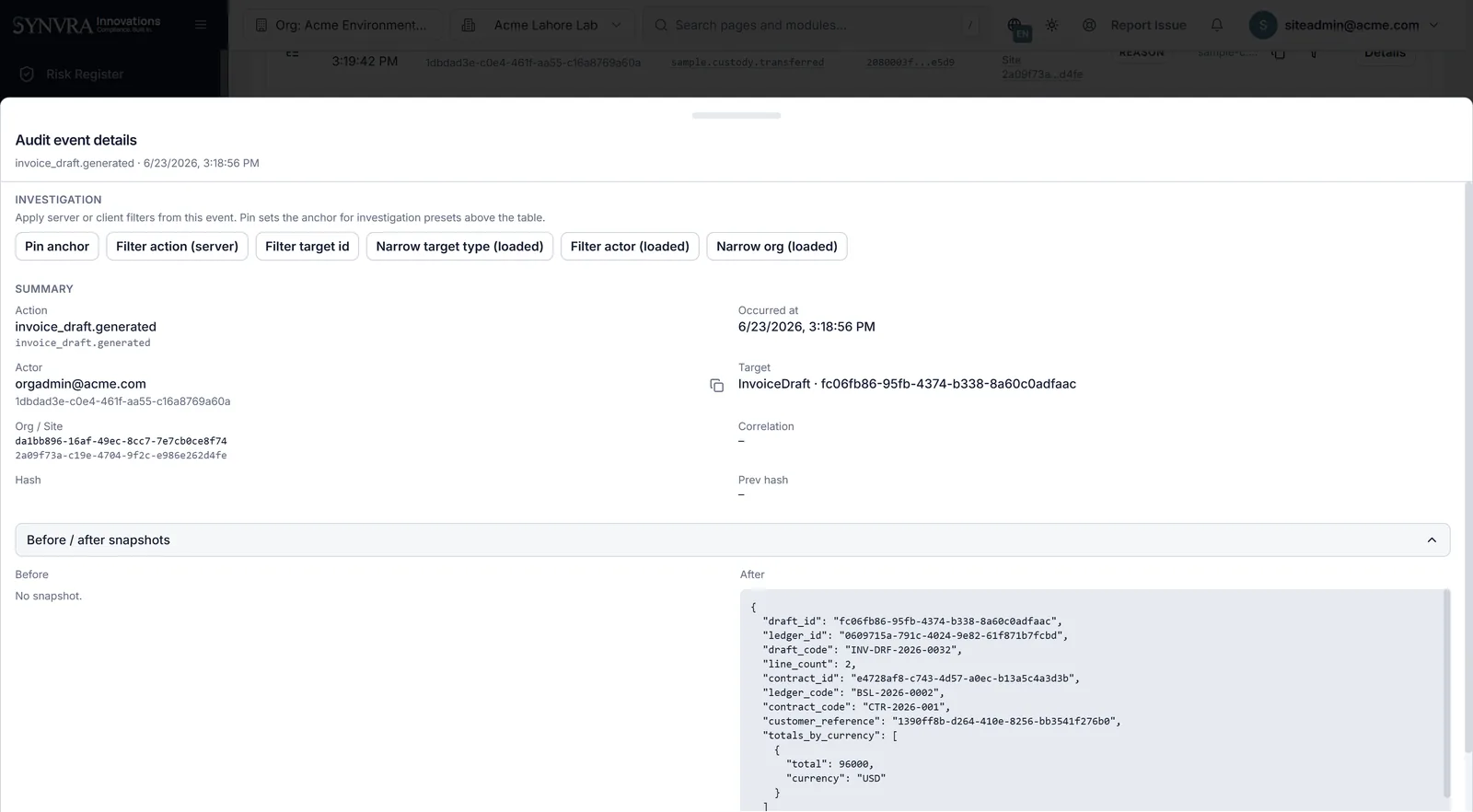 Synvra audit event details with actor, target and before and after snapshots