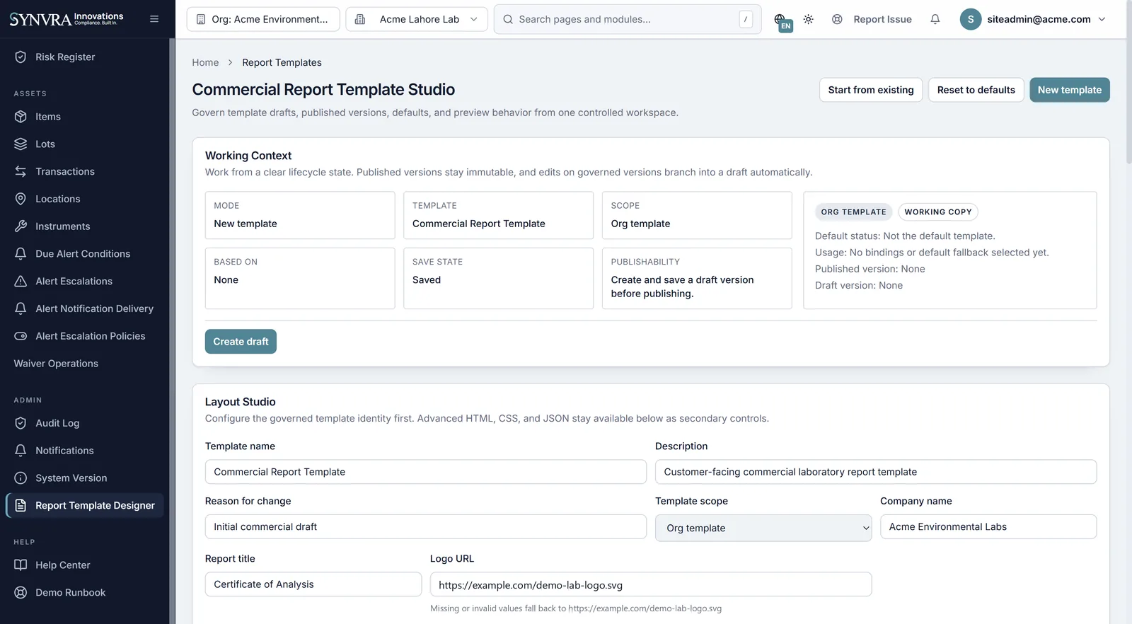 Synvra LIMS commercial report template studio for governed COA design