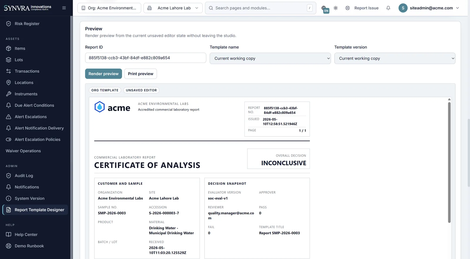 A certificate of analysis rendered from a versioned report template in Synvra