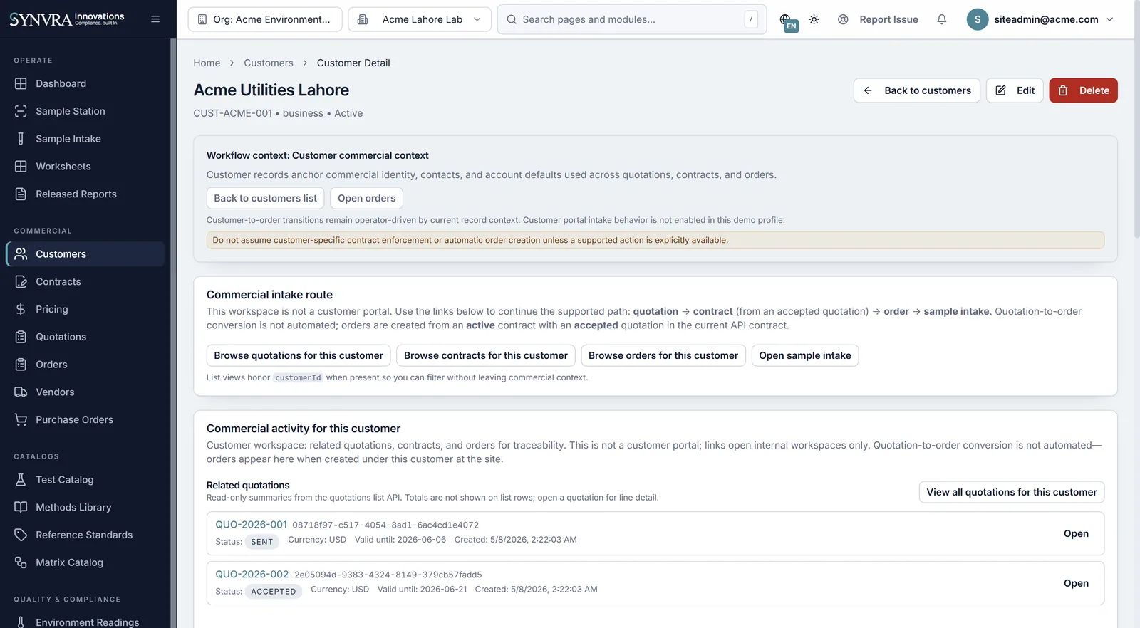 Synvra LIMS customer detail workspace with commercial relationship context