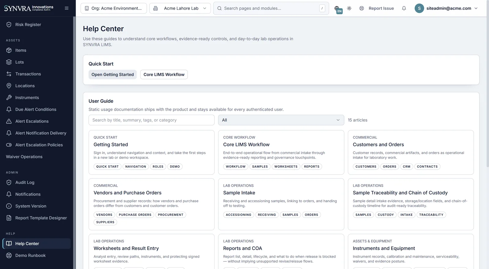 Synvra LIMS in-product help center and documentation workspace