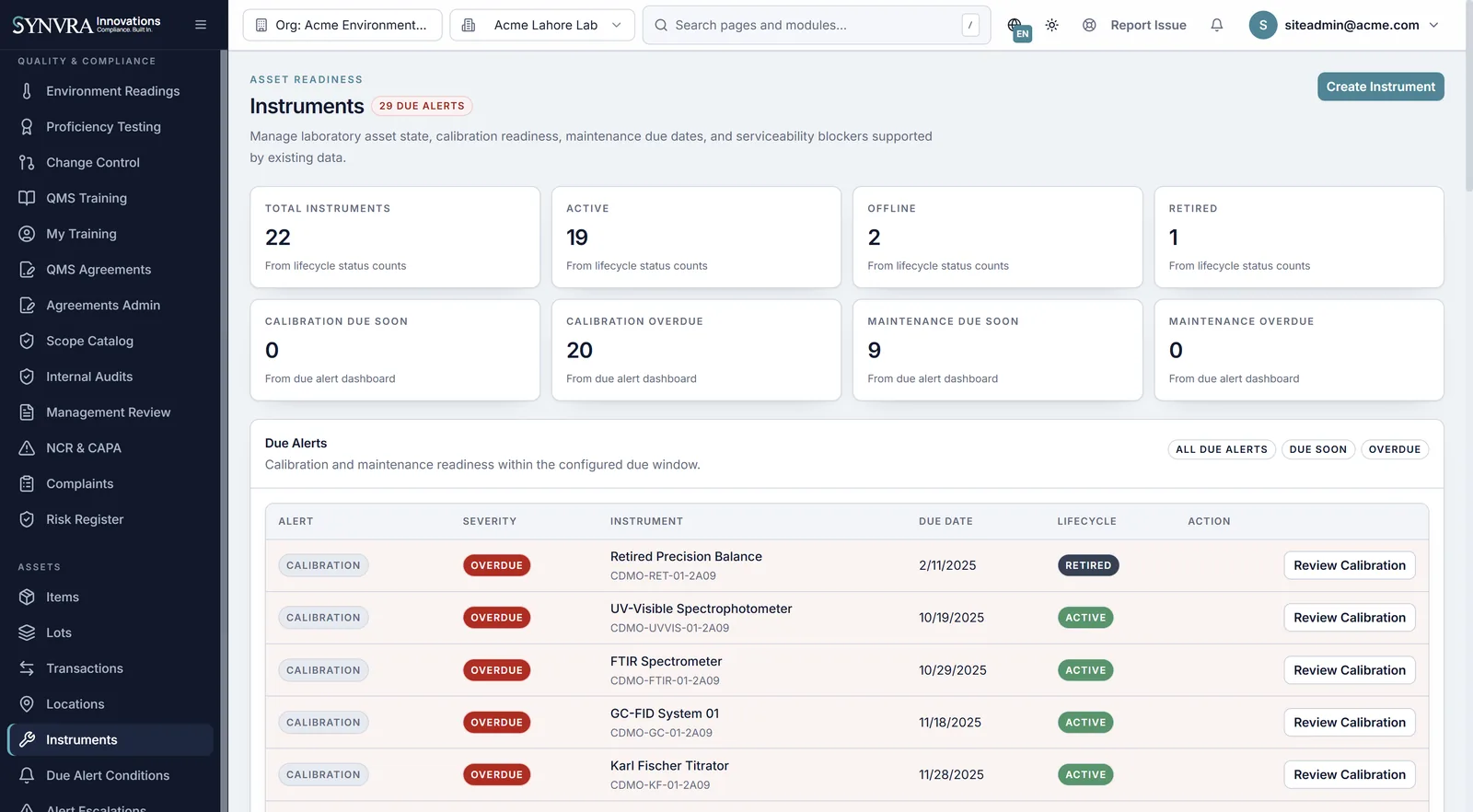 Synvra instruments register with calibration and maintenance due alerts