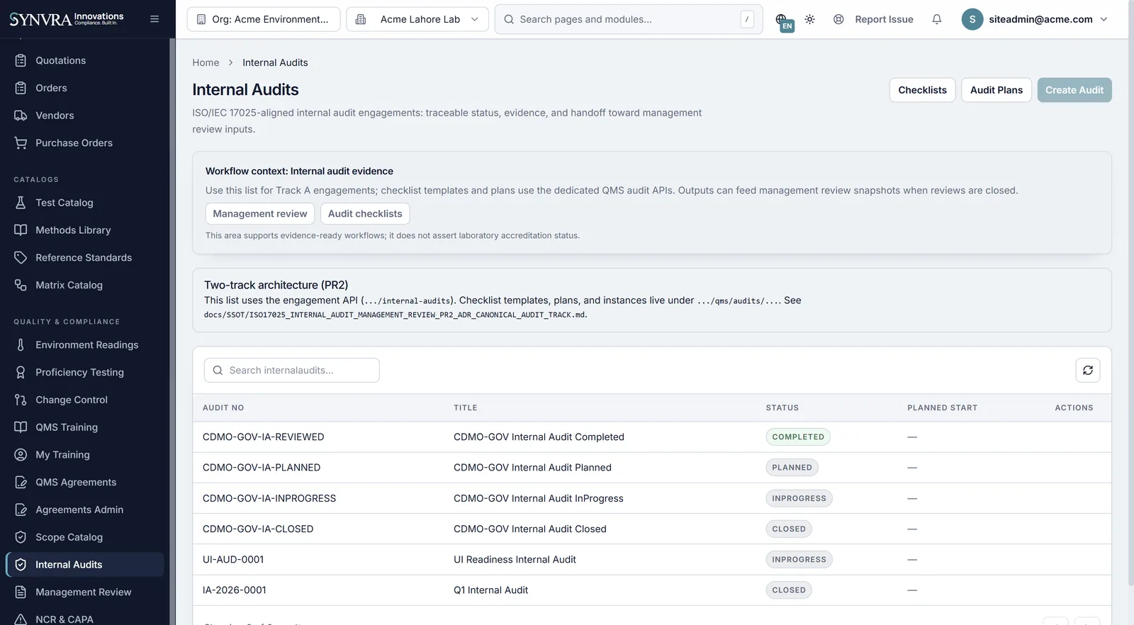 Synvra LIMS internal audit management and scheduling workspace