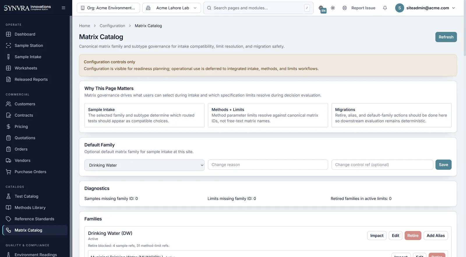 Synvra LIMS matrix catalog configuration for regulated testing