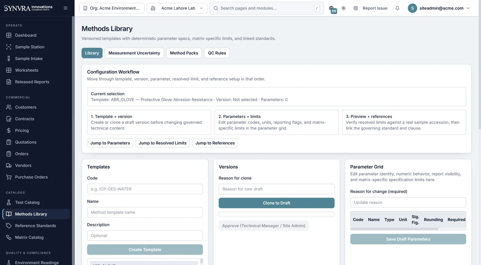 Synvra LIMS methods library for regulated testing configuration