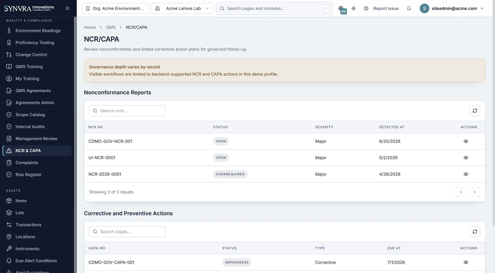 Synvra LIMS nonconformance and CAPA management workspace