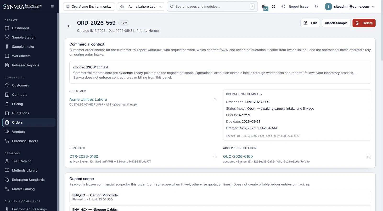 Synvra LIMS order details view with samples, tests, and commercial context
