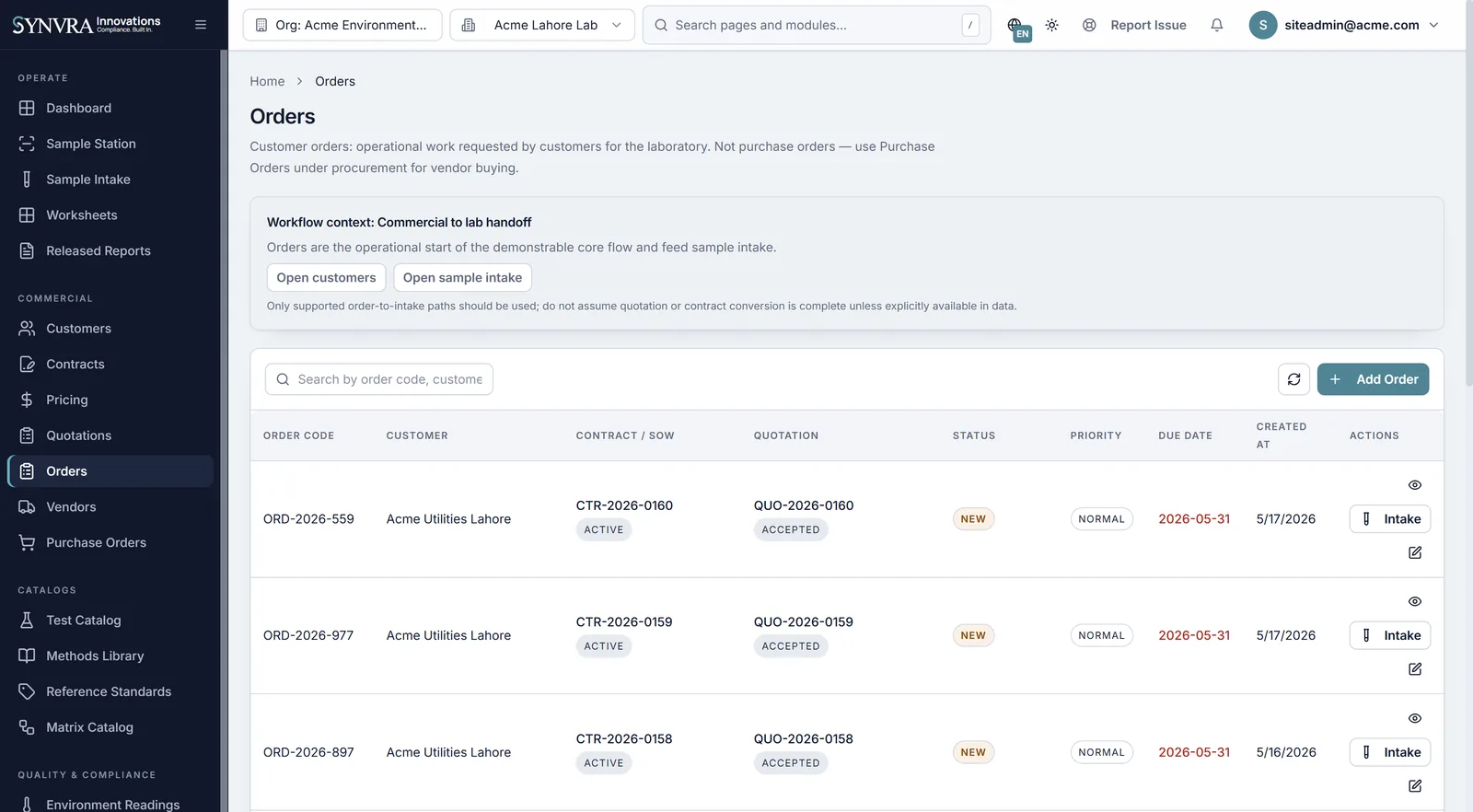 Synvra LIMS orders listing with commercial intake and project context