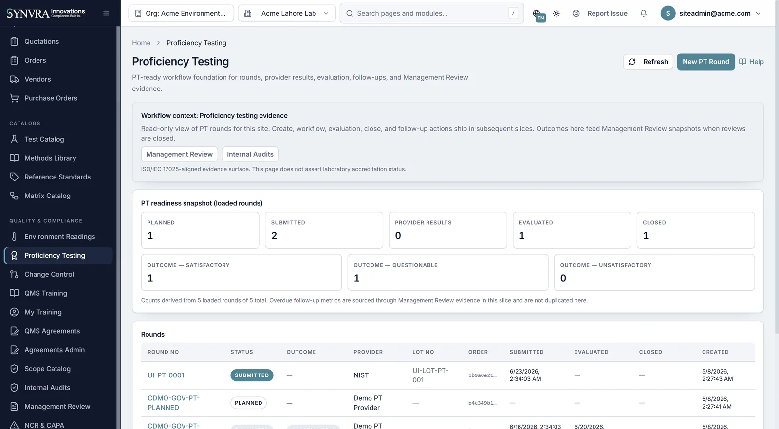 Synvra LIMS proficiency testing program management workspace