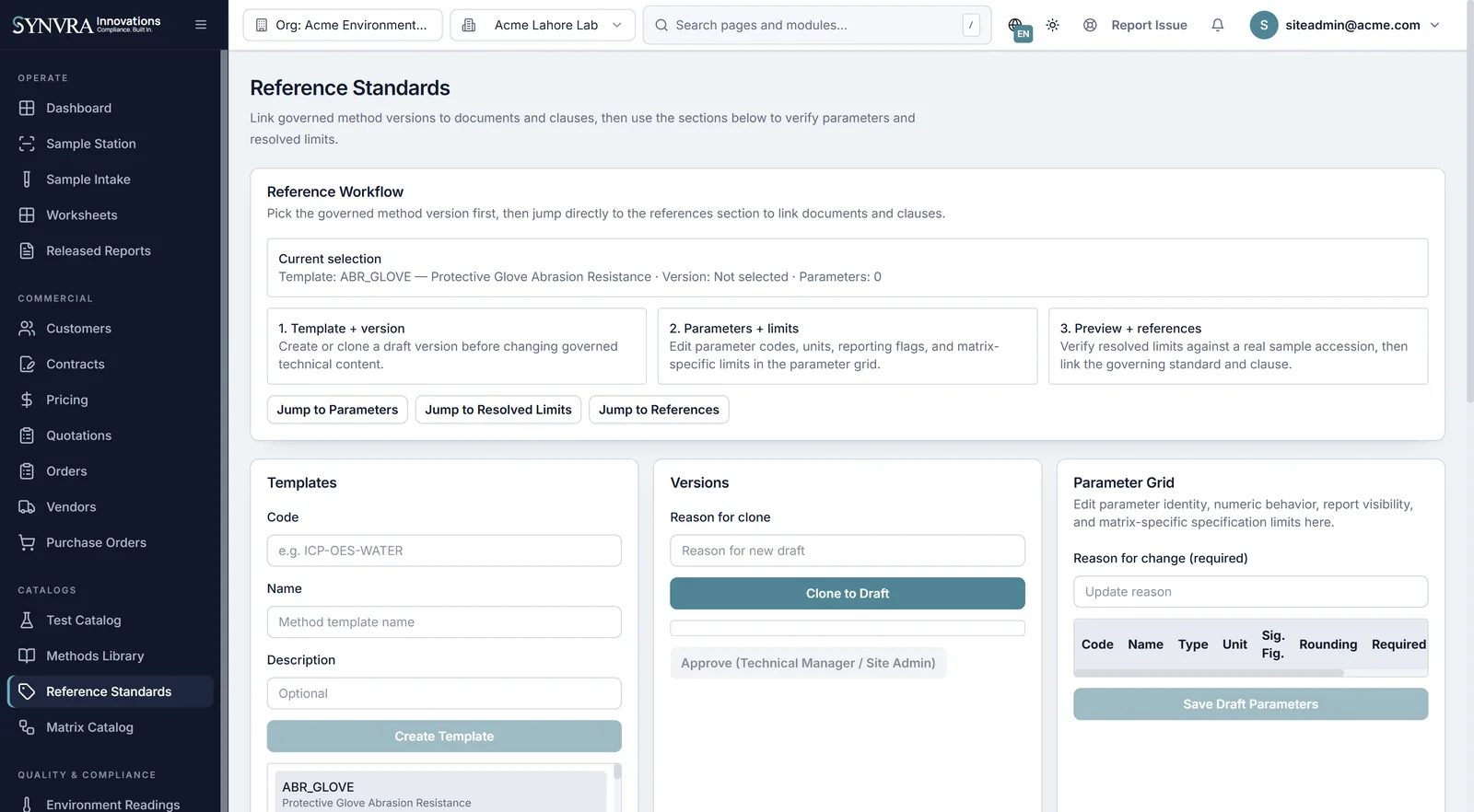 Synvra LIMS reference standards inventory and traceability workspace