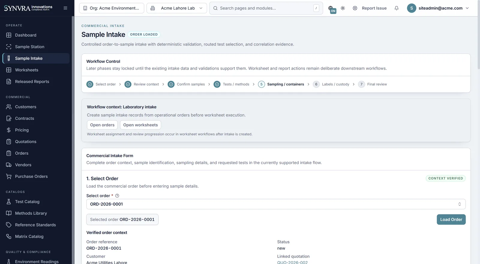 Synvra LIMS sample intake workspace for commercial laboratory accessioning