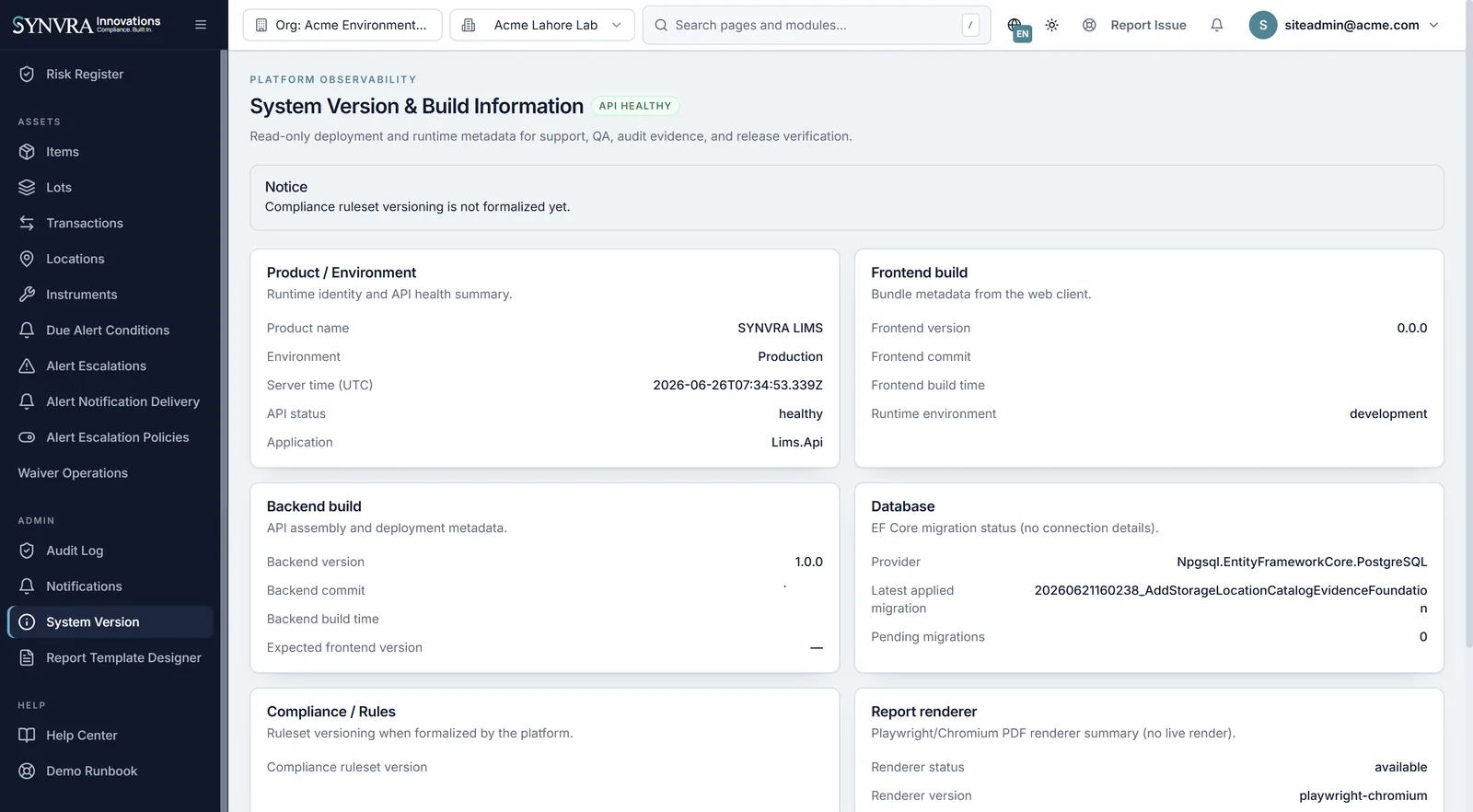 Synvra LIMS system information and environment configuration workspace