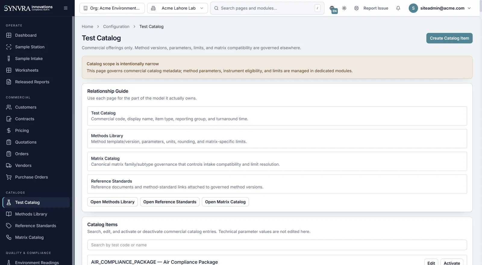 Synvra LIMS test catalog with analytical test definitions