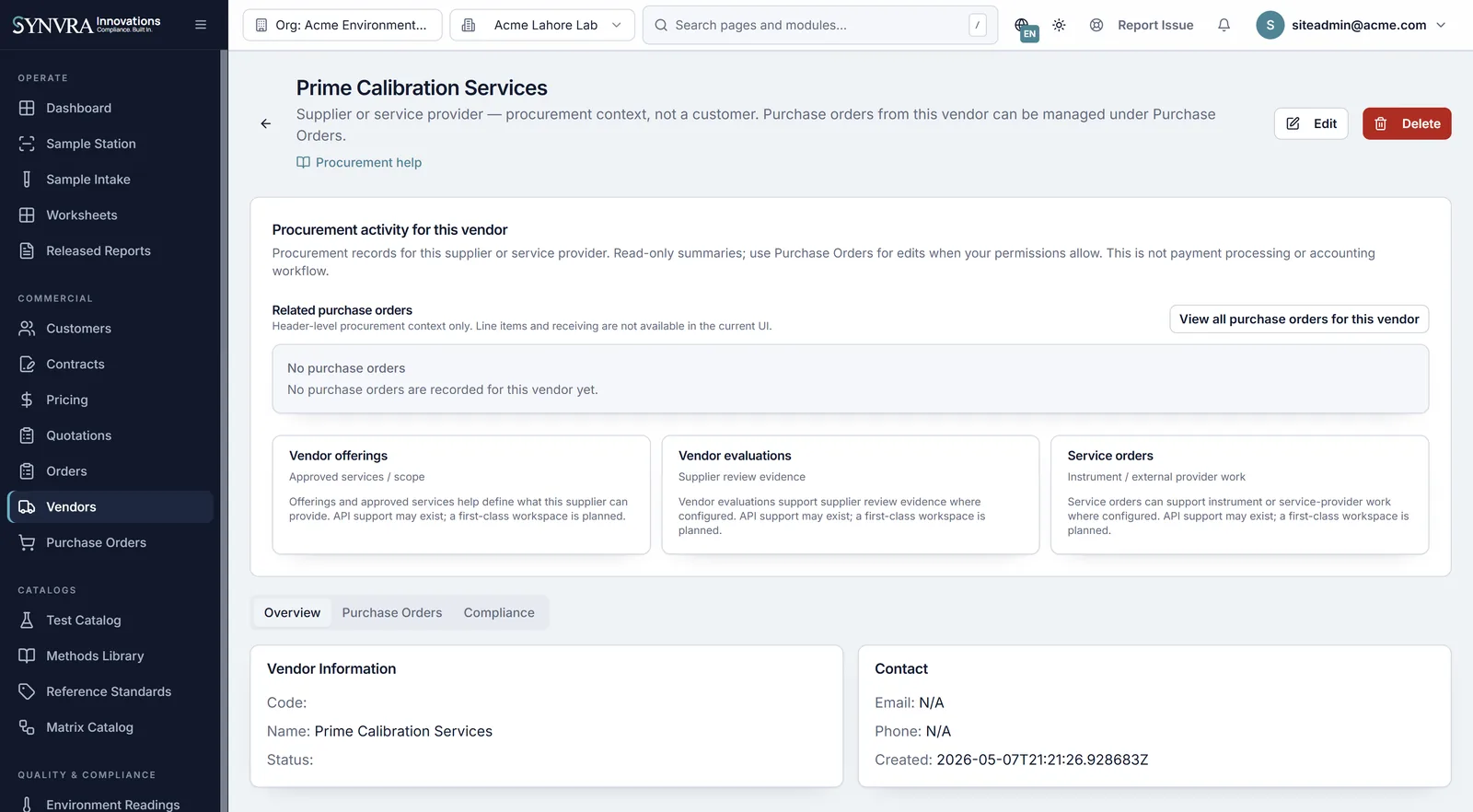 Synvra LIMS vendor detail workspace for supplier qualification