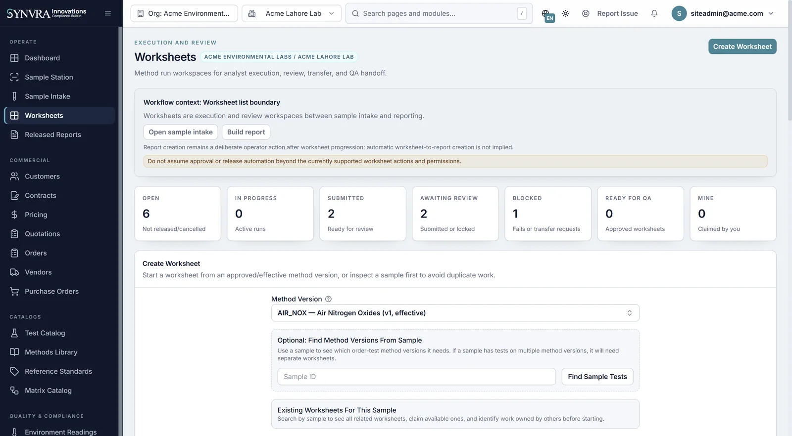 Synvra worksheets workspace with method-bound work items