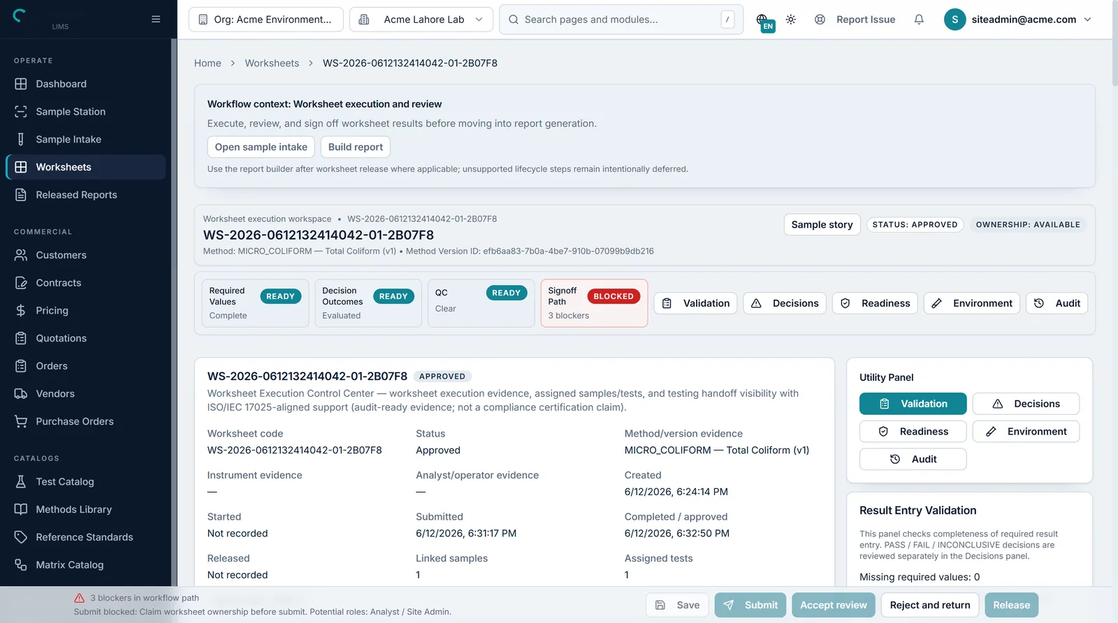 Synvra worksheet execution workspace with readiness checks and method version evidence